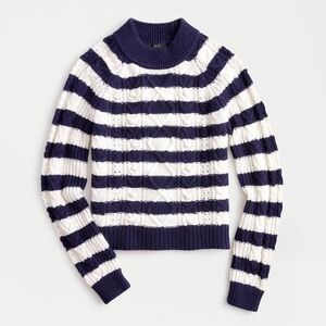 J Crew Pom Pom Cable Knit Sweater in Stripe Women’s Med Lambs Wool Blue, White